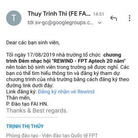 Toàn bộ sinh viên FAI Hà Nội ca tối được nghỉ học tham dự sự kiện kỷ niệm 20 năm FPT Aptech