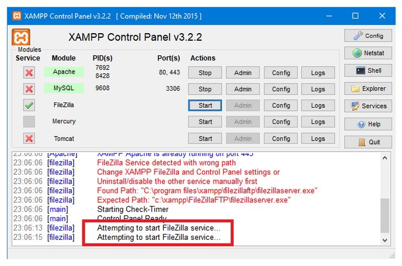 Thành phần Filezilla của XAMPP sẽ giảm bớt hoạt động truyền thực hiện trên tệp 