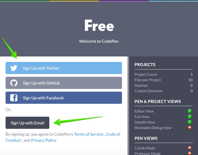 Có thể chọn đăng ký CodePen bằng cách sử dụng tài khoản mạng xã hội cá nhân