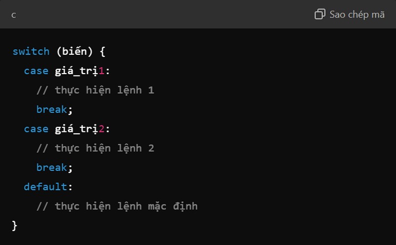 Cú pháp cơ bản Switch case trong C/C++